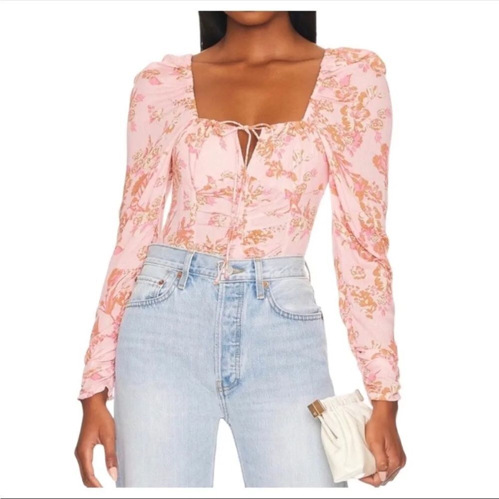 NWT $98 Free People Hilary Printed Top Pink Combo Smocked Back Blouse Size Small
